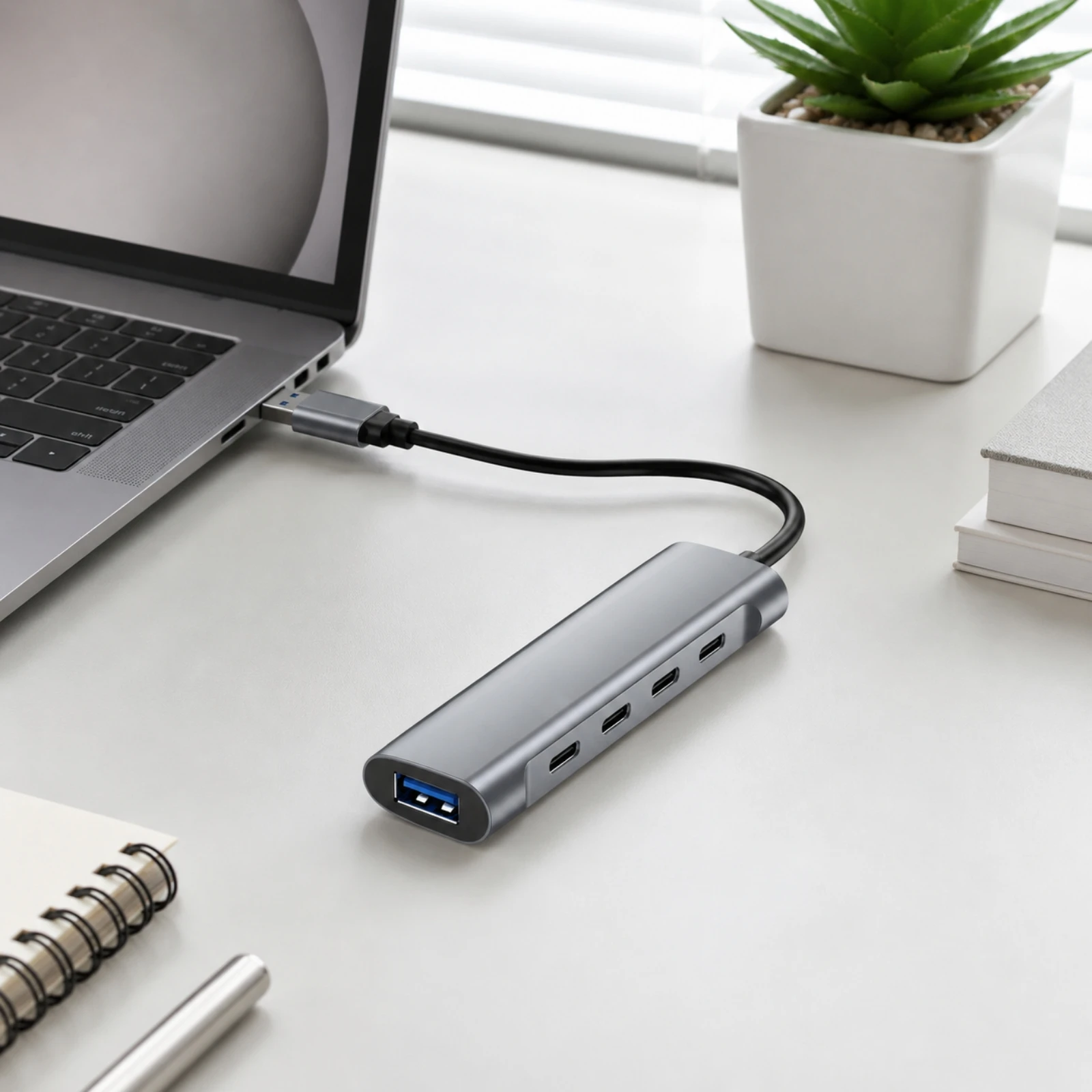 Hub Space-Saving USB 3.0 Hub with USB-C Ports Port Expander Portable Plug and Play for Desk, Home Office