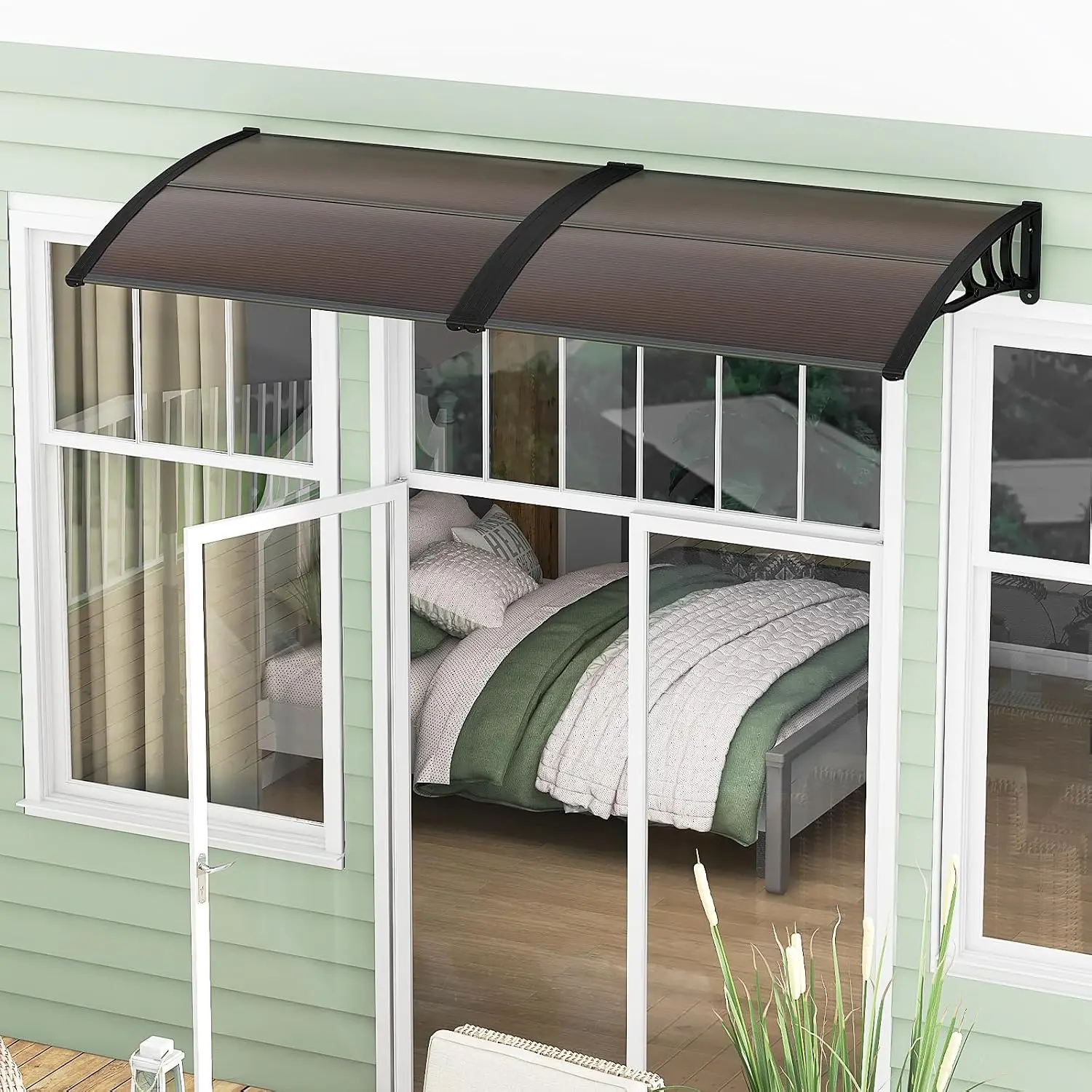 UPF50+ Sun Rain Snow Protection Window Awning Door Canopy with Hollow Polycarbonate Sheet, 48' X 40' Outdoor Front Door Entrance Canopy for Porch Entryway AC Unit