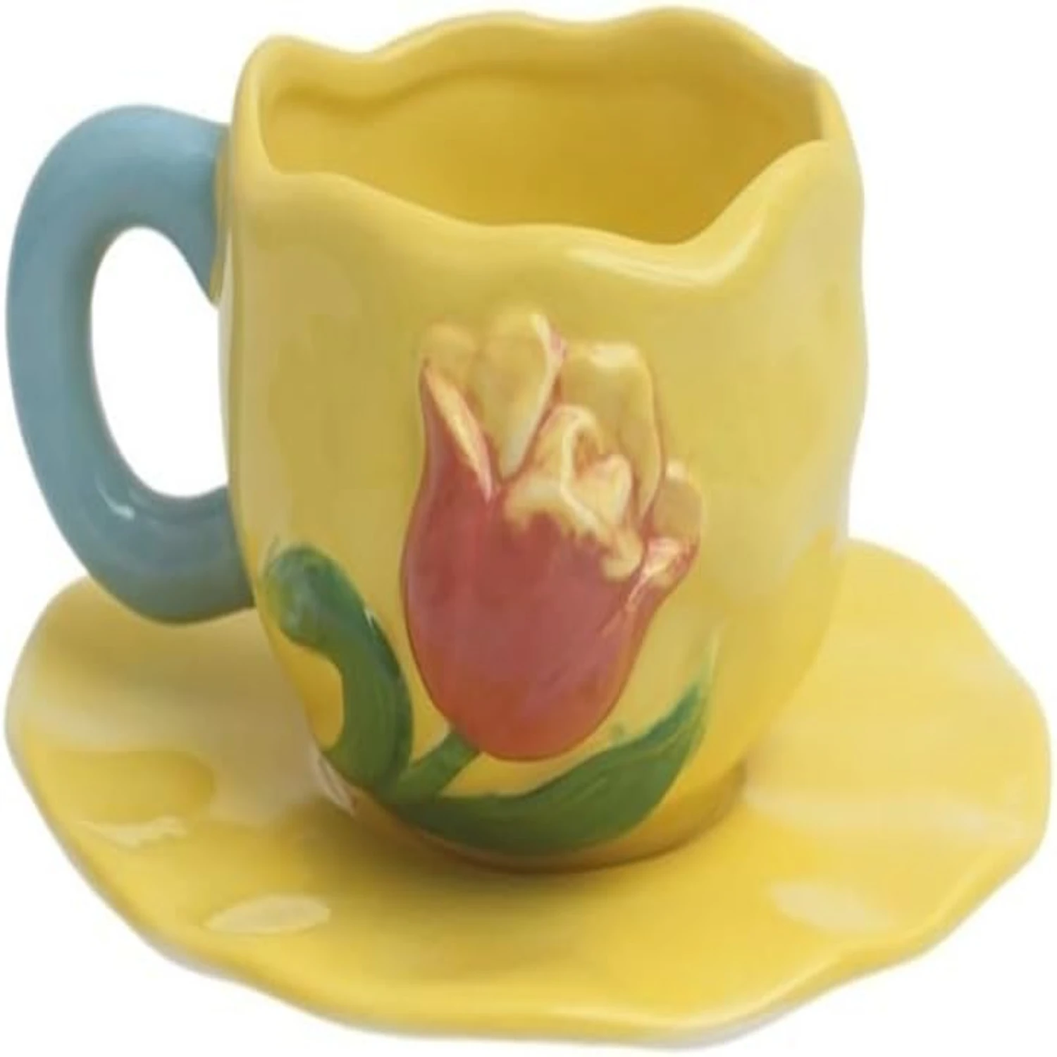 Handcrafted Luxurious Yellow Three-Dimensional Embossed Rose Coffee Mug Set - Elegant Tea Cup And Saucer with Pinched Niche, Per