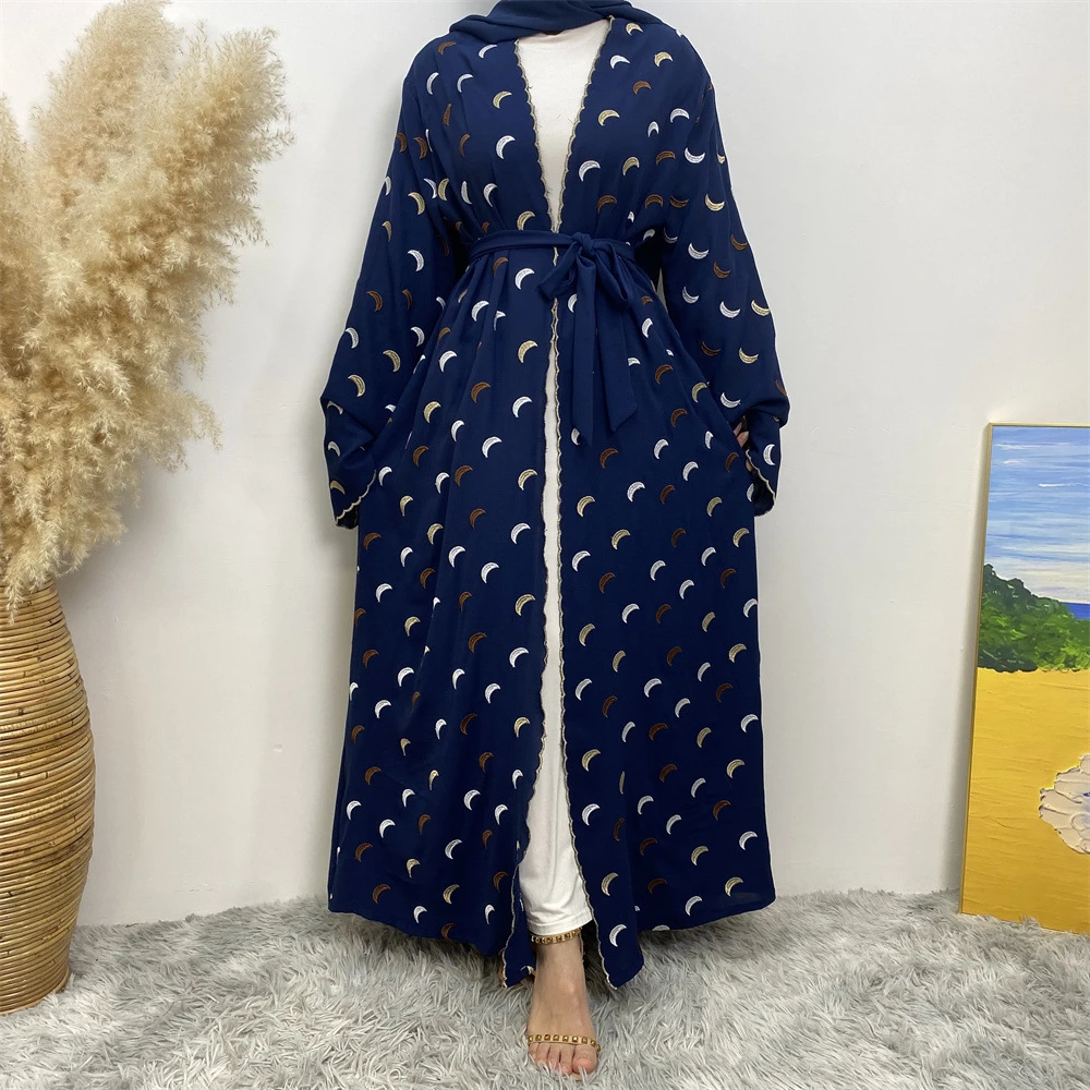 

Femme Musulman Abayas Moon Embroidery Kimono Cardigan Dubai Turkey Kaftan Women Muslim Maxi Dress Eid Ramadan Jalabiya Robe Gown