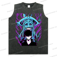 Solo Leveling Harajuku Male Tops Anime Sung Jin-woo Street Cool Sleeveless T-shirt Tops Washed Cotton Anime Fashion Summer Tops