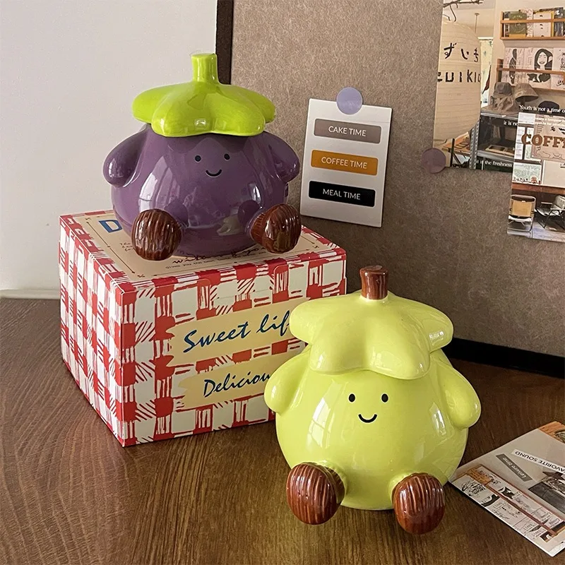 Cute Birthday Gift Funny Smiling Eggplant Ceramic Mug with Lid for Boys Unique Kitchenware Home & Garden