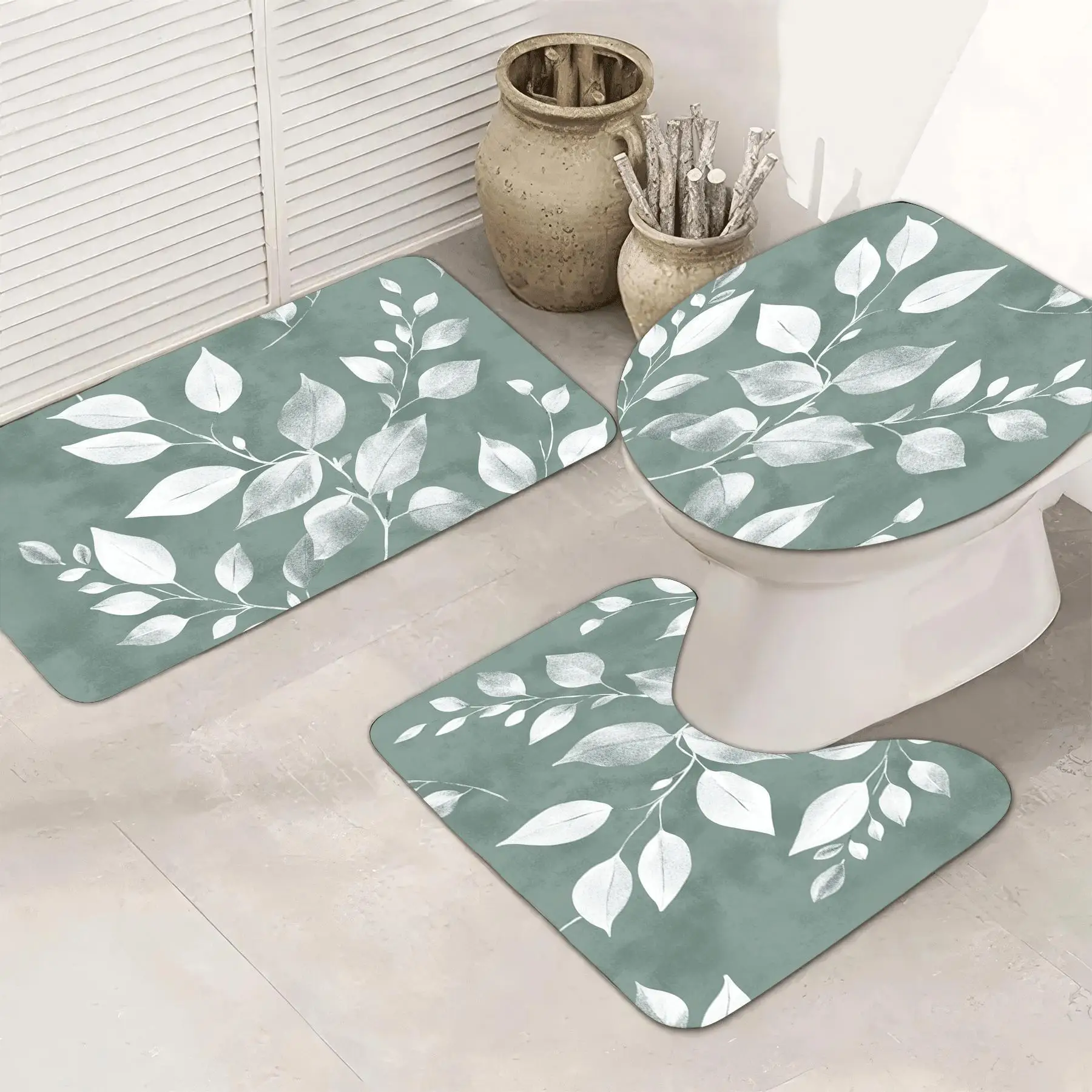 

3pc Blue-green leaf pattern bathroom set, U-shaped mat, non-slip mat, toilet seat cover, suitable for bathroom decoration.