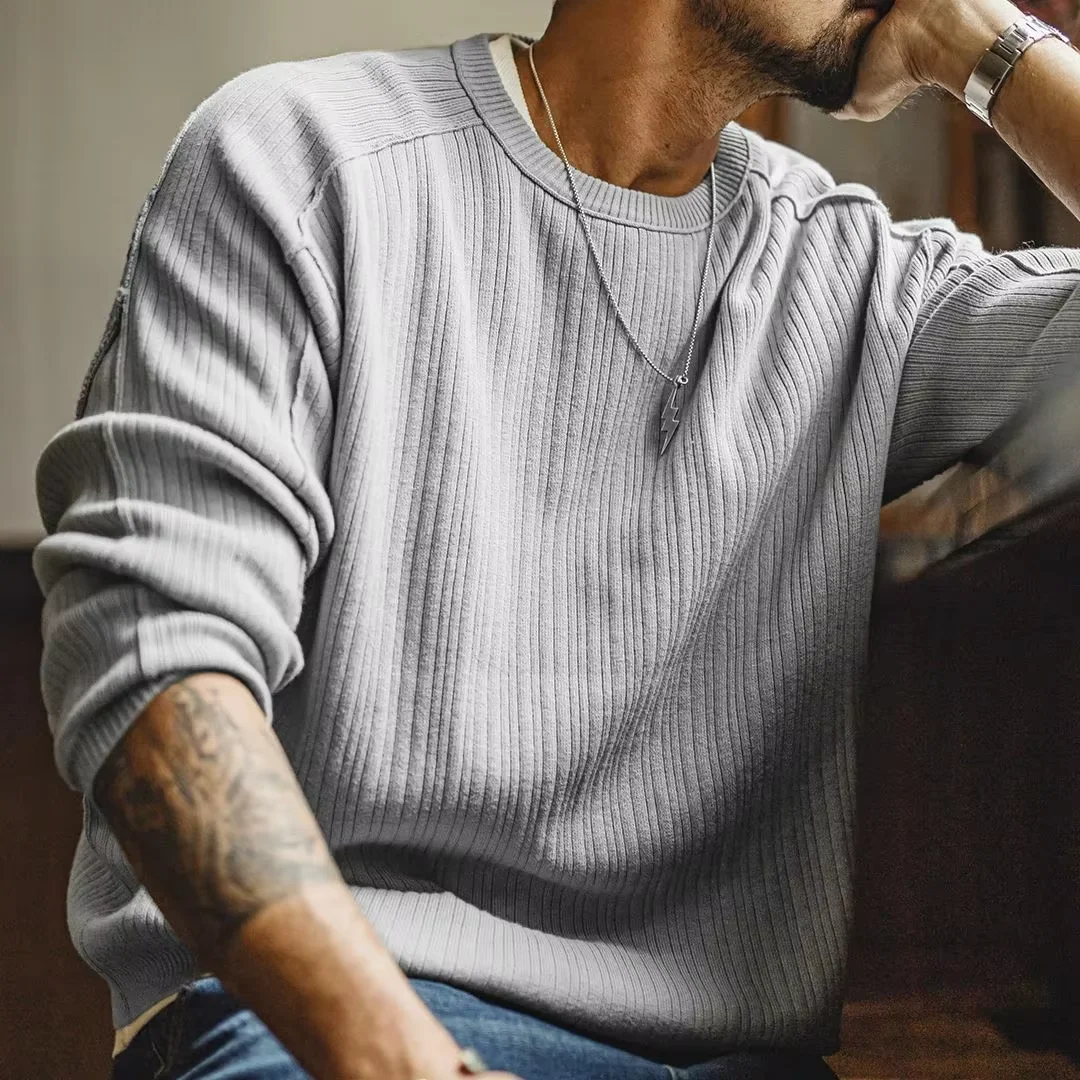 

Maden Men's Vintage Cotton Knitted Sweater Gray Long Sleeve Patchwork Stripe Pullover Casual Knitwear Tops for Fall Winter