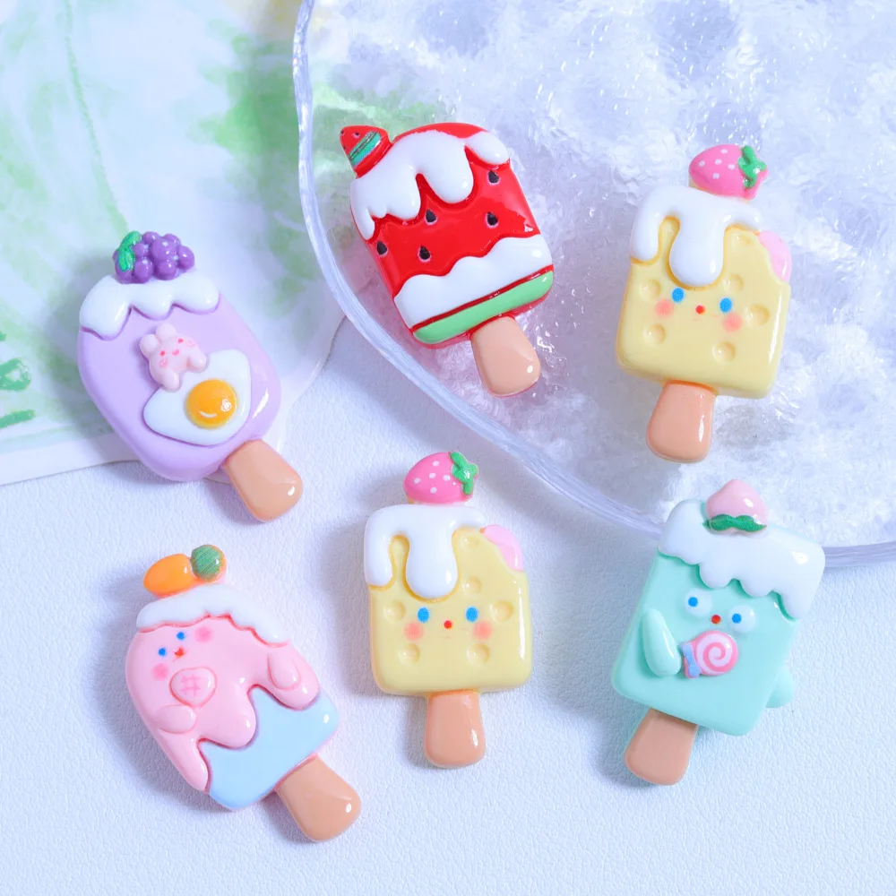 10Pcs Cartoon Popsicle Resin DIY Scrapbook Phone Case Hair Clip Bag Refrigerator Patch Embellishment Craft Material Accessories