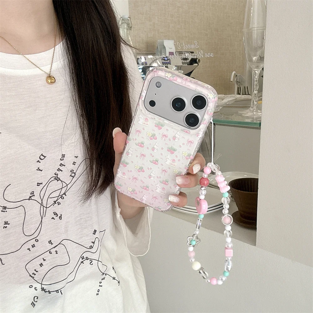 Ins Kawaii Pink Strawberry Bunny Phone Case For iPhone 15 16 17 Pro Max Light Pink Gradient Bow Tiny With Chain Shockproof Cover