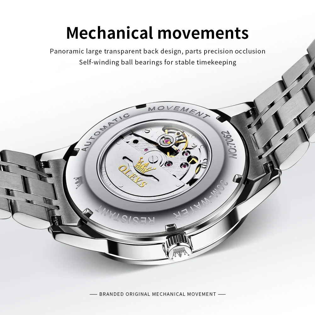 OLEVS 7062 New Man Watch Waterproof Stainless Steel Dual Calendar Automatic Watch for Men Original Luxury Mechanical Wristwatch