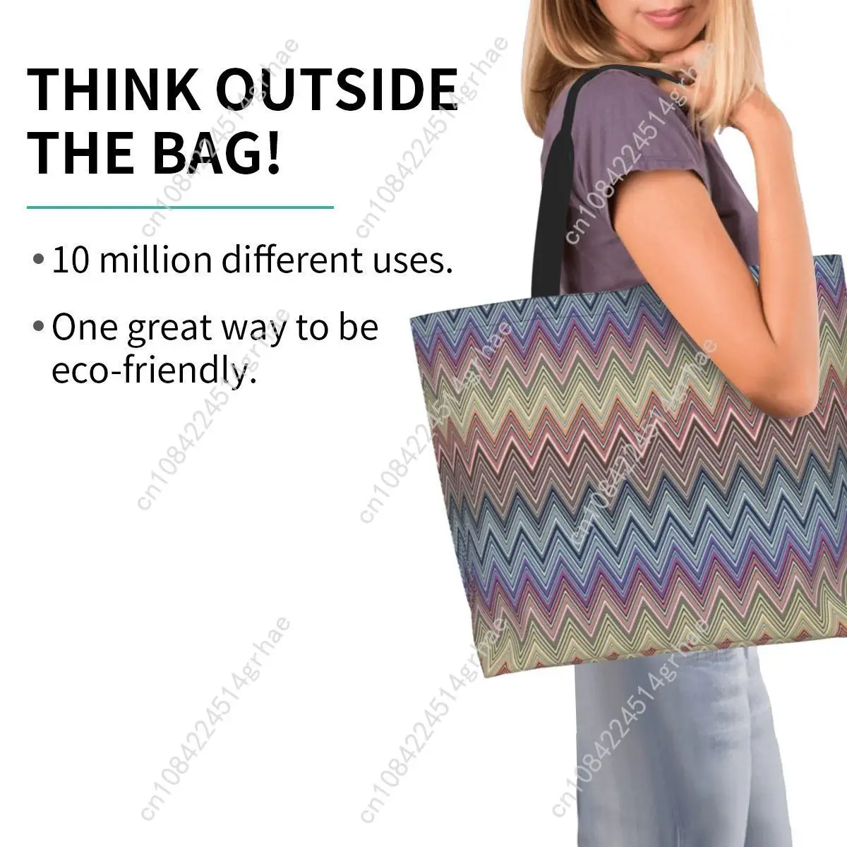 Picture 3: Custom Colorful Home Zig Zag Pattern Shopping Tote Bag Recycling Bohemian Geometric Zigzag Canvas Groceries Shoulder Shopper Bag