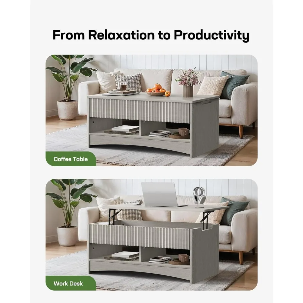 Stolik kawowy z podnoszonym blatem i otwartym i ukrytym schowkiem, nowoczesny stolik kawowy z rowkowanym wzorem i płynnym mechanizmem podnoszenia, solidny i oszczędzający miejsce.