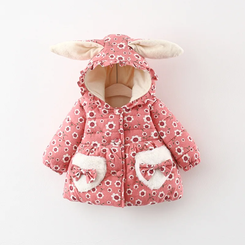 Winter New Bow Pocket Baby Girl Coat, Cute Sunflower Long Sleeved Children\'S Clothing (9 Months -3 Years Old)