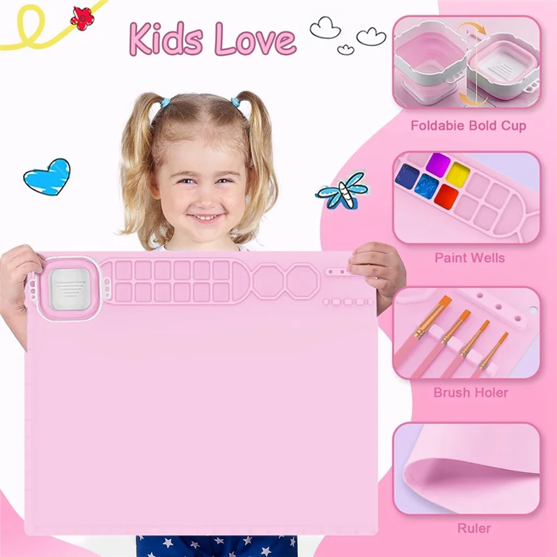 Alas Lukisan Silikon dengan Cangkir, 5 Alat Pembersih Kuas Kerajinan, Alas Artis Besar 50.8Cm X 40.6Cm, Cocok untuk Resin, DIY Tahan Lama