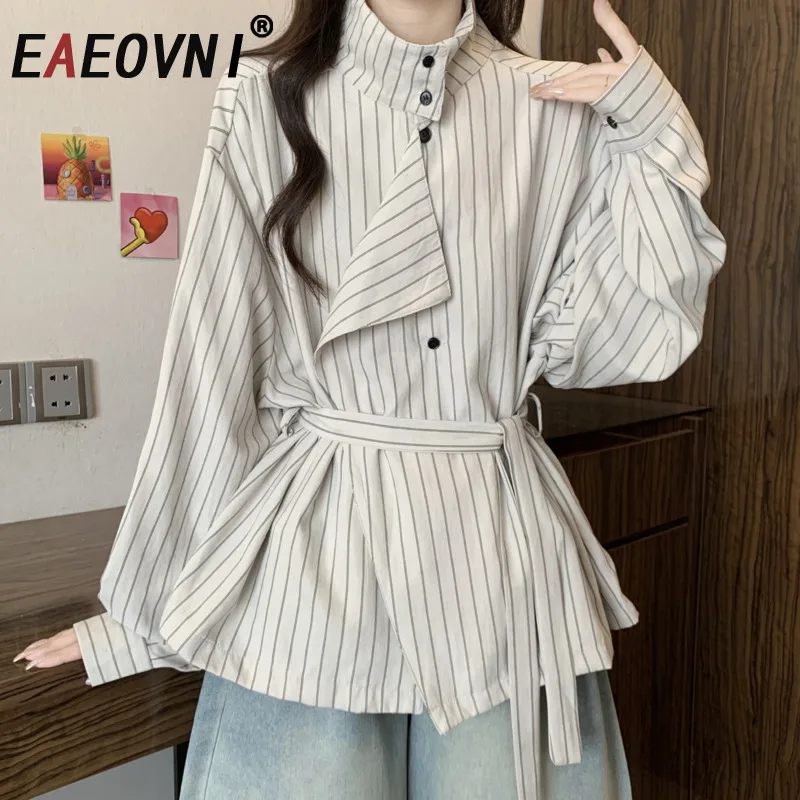 

EAEOVNI модная полосатая женская куртка, пальто с воротником-стойкой и пуговицами, лоскутный пояс, верхняя одежда со сборкой на талии, одежда 2024, повседневная новинка