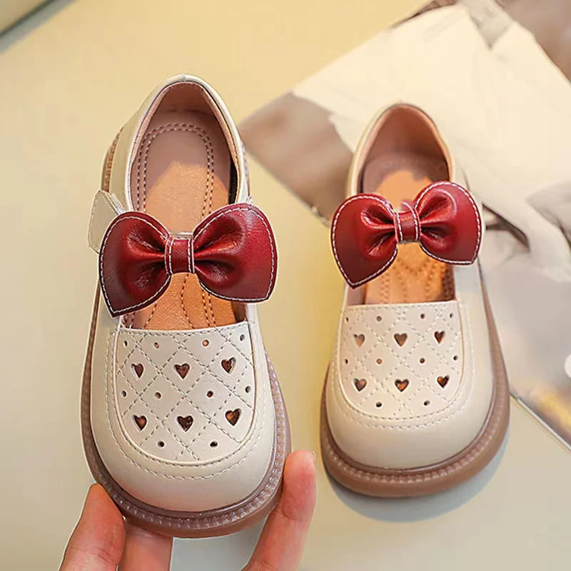 real photos Bowknot Children's Shoes 2024 Spring Autumn Summer Fashion Single Shoes Retro Hollow Girls Love Princess Shoes