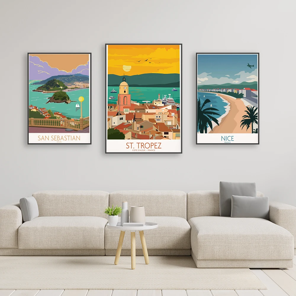 1pc frameless Retro City St Tropez Poster France Wall Art Travel Vintage Poster French Riviera Nice Travel Canvas Painting Offic - view 4