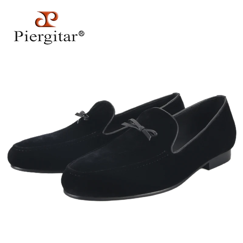 Piergitar 2025 Black Velvet Men's Loafers With Leather Cross-Tied For Prom And Wedding Handmade Smoking Slippers Slip-On Flats