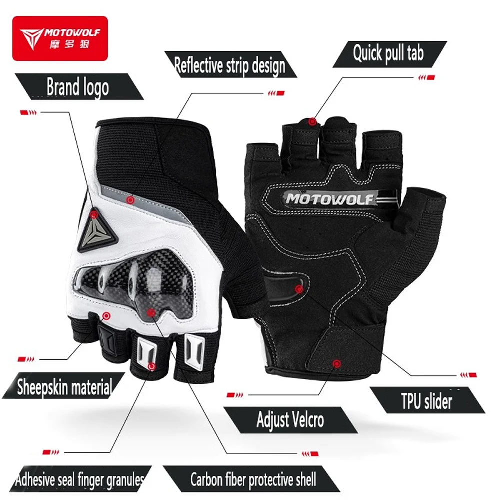 MOTOWOLF été demi doigt gants pour moto vélo équitation Luvas avec Protection en Fiber de carbone moto gants hommes femmes