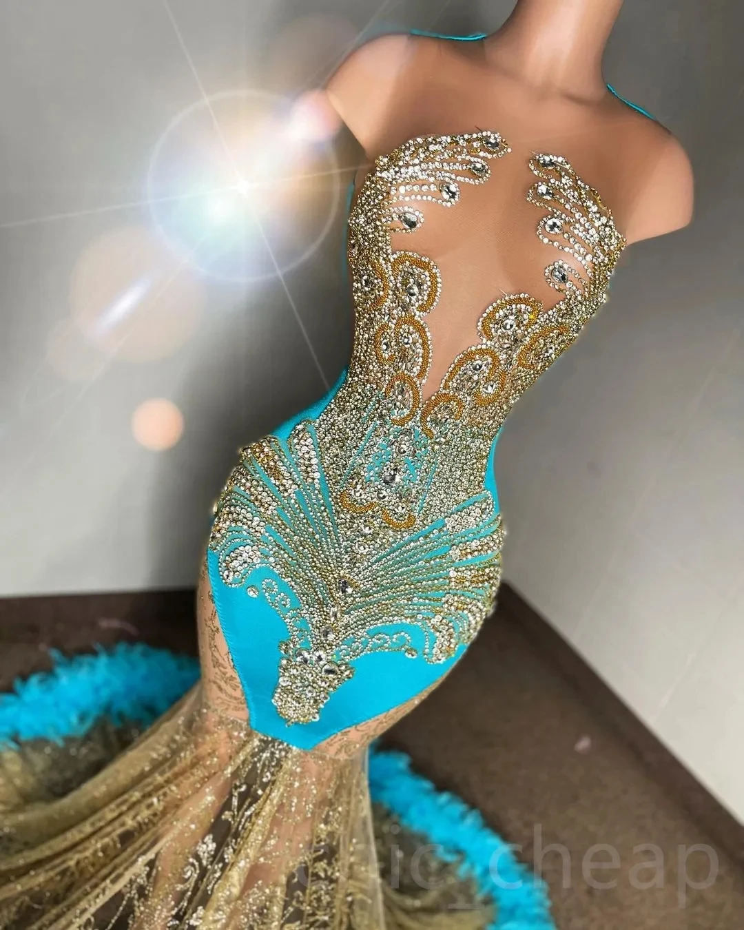 Turquoise African American Prom Dresses Mermaid Sheer Beaded Feather Black Girls Nigeria Robe De Soiree Evening Dresses Gown