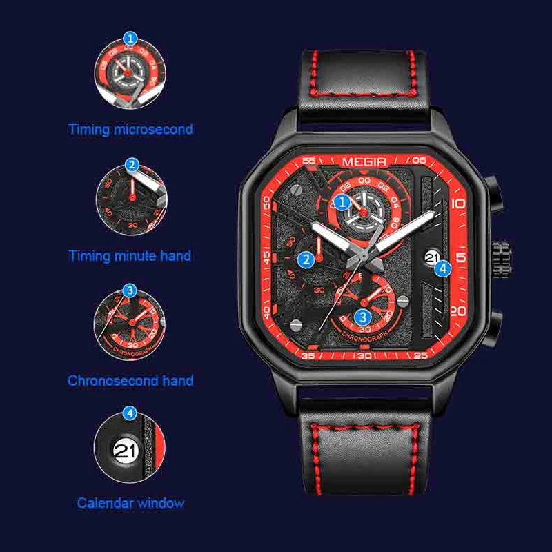 MEGIR Chronograph Analog Quartz Watch Men Square Dial Leather Strap Fashion Sport Male Wristwatches Youth with Auto Date