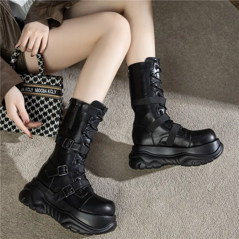 Plus Size Autumn Winter New Dark Punk Metal Platform Lace Up Mid Calf Boots Gothic Women Boots