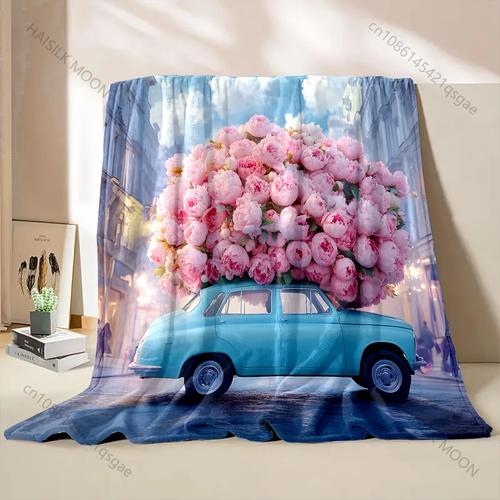 Multi-size Car Loaded with Peonies. Pattern Blanket Flannel Material Soft Warm for All Seasons, Home Outdoor Camping Picnics RV