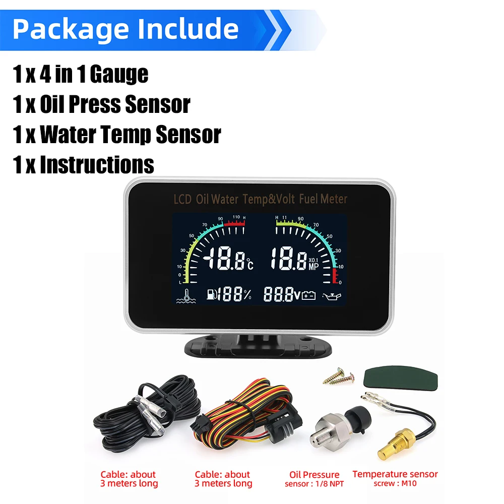 4-IN-1 多機能 LCD ゲージ: 油圧、電圧計、水温、燃料 4 in 1 LCD車載デジタルゲージ 水温計+油圧計+燃料計+電圧計 1/8NPT