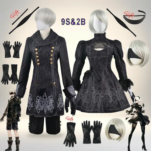 Anime Nier Automata Cosplay 9S Yorha 2B Cosplay Suit Male Women Outfit Wig Disguise Costume Plus Size Fancy Party Black Dress