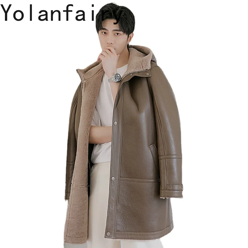 Manteau en cuir naturel et fourrure pour hommes, veste mi-longue à capuche, vêtements en fourrure pour hommes, vestes et combinaisons en cuir véritable, hiver, nouveau, 2023