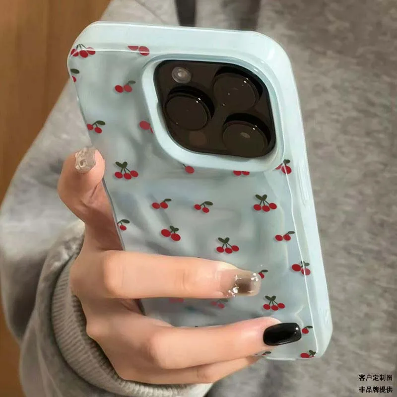 

Cute Cherry 3D Irregular Wrinkle Meteorite Phone Cases For iPhone 17 16 15 14 13 12 11 Air Pro Max Shockproof Glossy Soft
