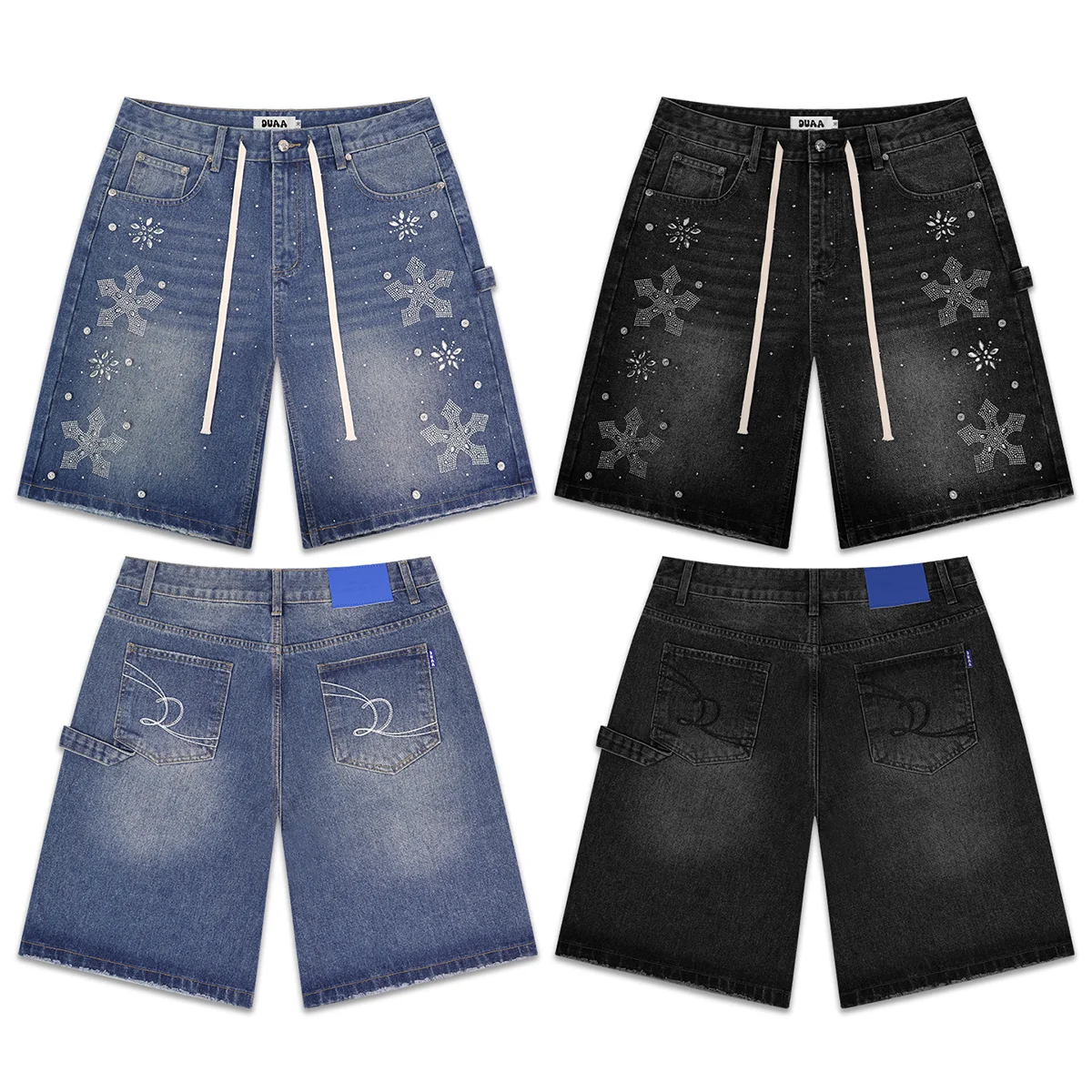 Streetwear Snowflake-studded Washed Baggy Jeans Shorts for Men and Women Vintage Baggy Rhinestone Baggy Denim Shorts Oversized