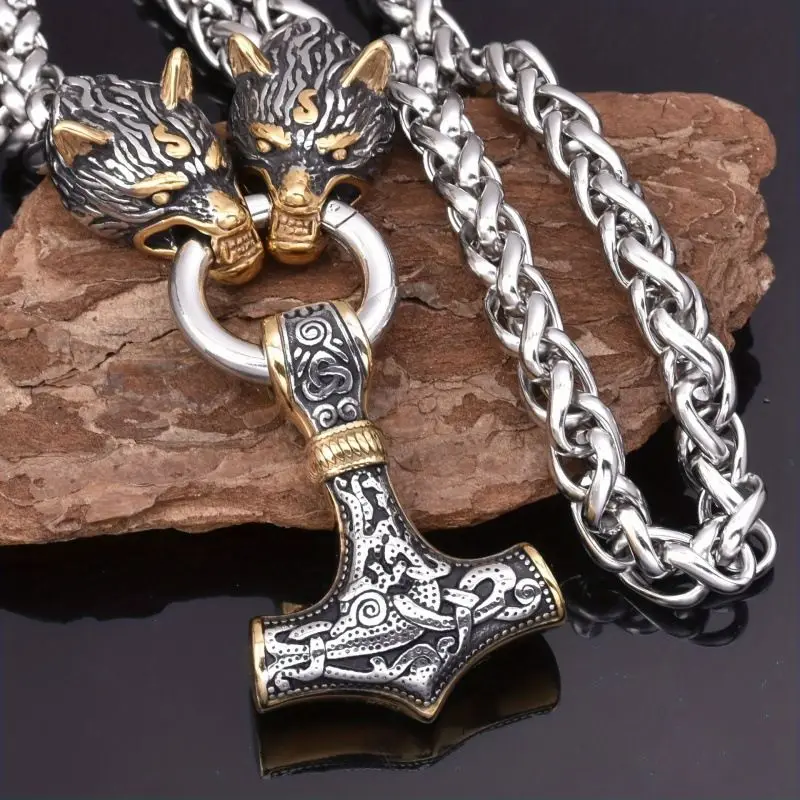 Wolf Head Pendant Europe American Viking Titanium Steel Totem Self-Defense Necklace Male EDC Tactical Whip Multi-fonction Chain