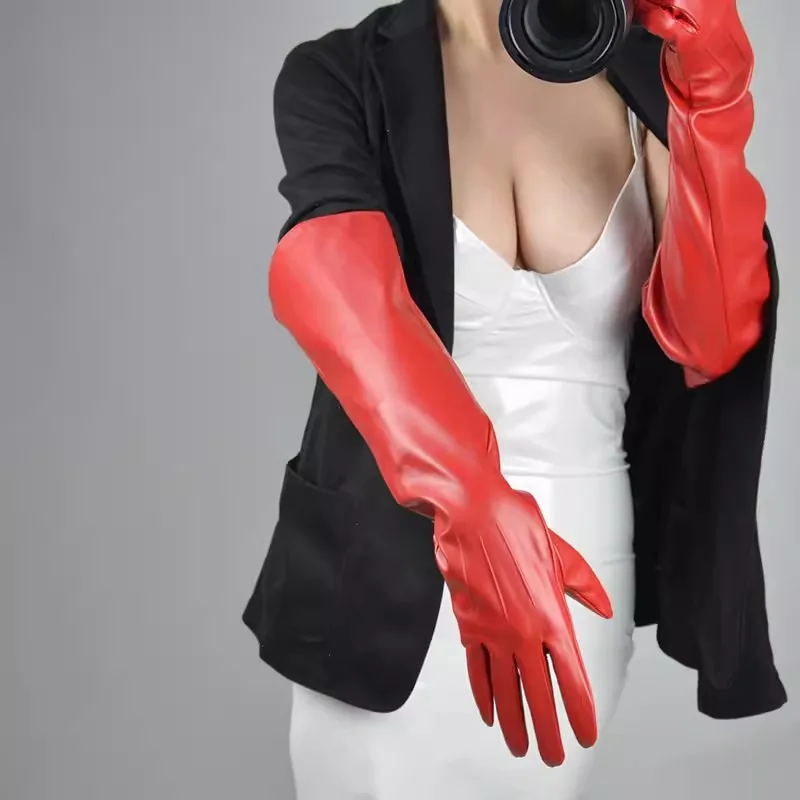 Women's Runway Fashion Red PU Leather Touchscreen Long Glove Lady's Club Performance Formal Party Dancing Glove 50cm R1705