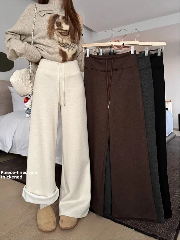 

Женские повседневные брюки свободного кроя на флисовой подкладке с высокой талией, на шнурке, прямые, широкие, длинные, с эффектом стройности и драпировки