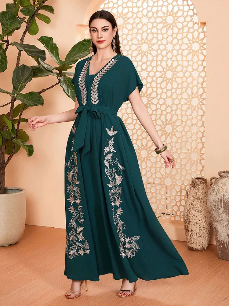 Eid Djellaba Marokko Kaftan Luxus Stickerei Muslimischen Kleid Frauen Kurzarm Gürtel Islam Jalabiya Femme Musulmane Dubai Abayas