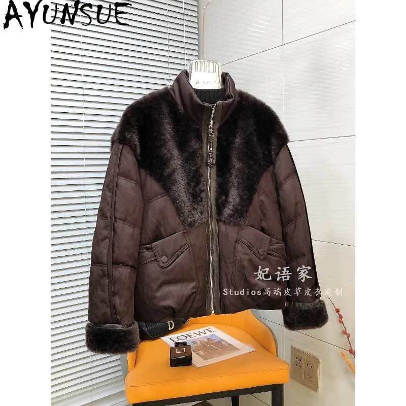 AYUNSUE Goose Down Coat Woman Merino Sheepskin Shearling Spliced Fur Down Jacket Stand Collar Winter Coat Woman Clothing Пуховик