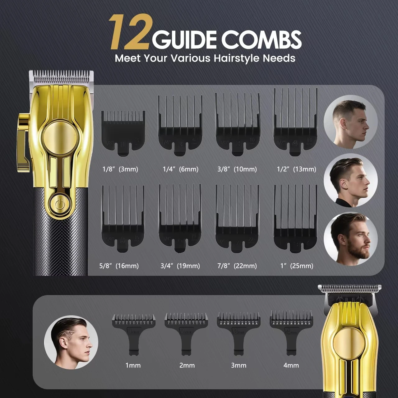 Cordless Electric Hair Clippers, 2-Piece Set, Professional Grooming Kit, Gold