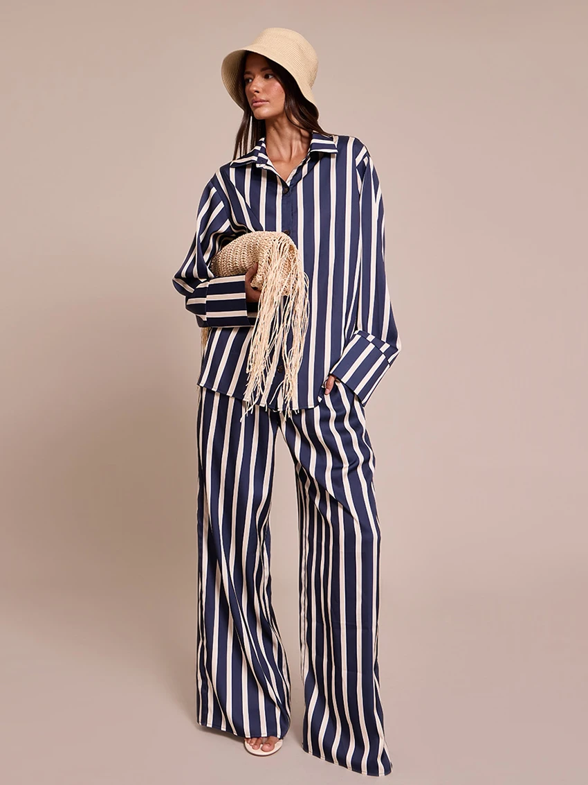 

Marthaqiqi Striped Women Pajamas 2 Piece Set Long Sleeve Nightgown Turn-Down Collar Nightwear Pants Casual Ladies Sleepwear Suit