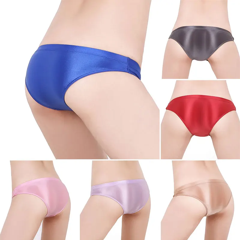 See Through Low Waist Briefs Silky Shiny Satin Panties Sexy Underwear Erotic Lingerie Women\'s Ultra-Thin Oily Glossy Underpants