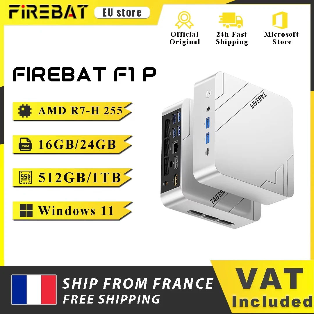 Firebat Mini PC F1 P AMD Ryzen 7 H 255 LPDDR5 16GB 512GB SSD Windows 11 Pro Desktop Mini Computer USB 4.0 Wi-Fi 6 BT 5.2