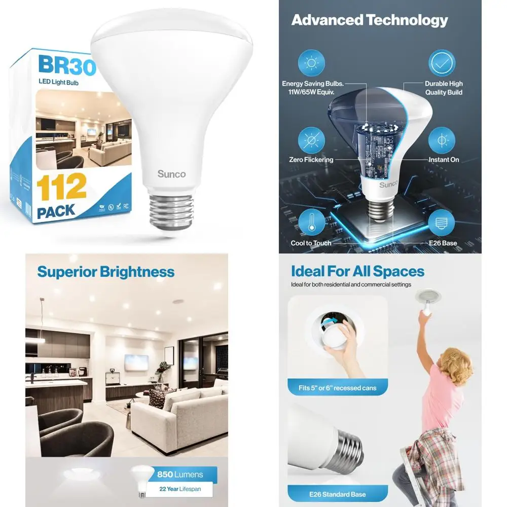 Светодиодные лампочки BR30 встраиваемые, внутренний прожектор, 850 люмен, 11 Вт, 3000 К, теплый белый, энергоэффективная замена 65 Вт