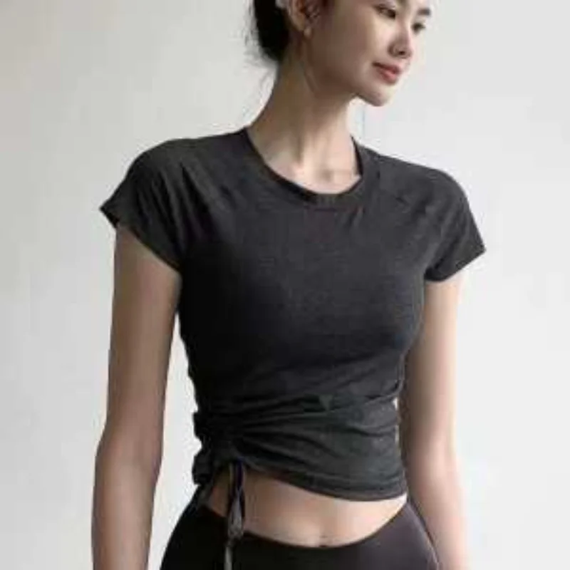 New Drawstring Yoga Women's Summer Thin Short-sleeved T-shirt Quick-drying Sports Top