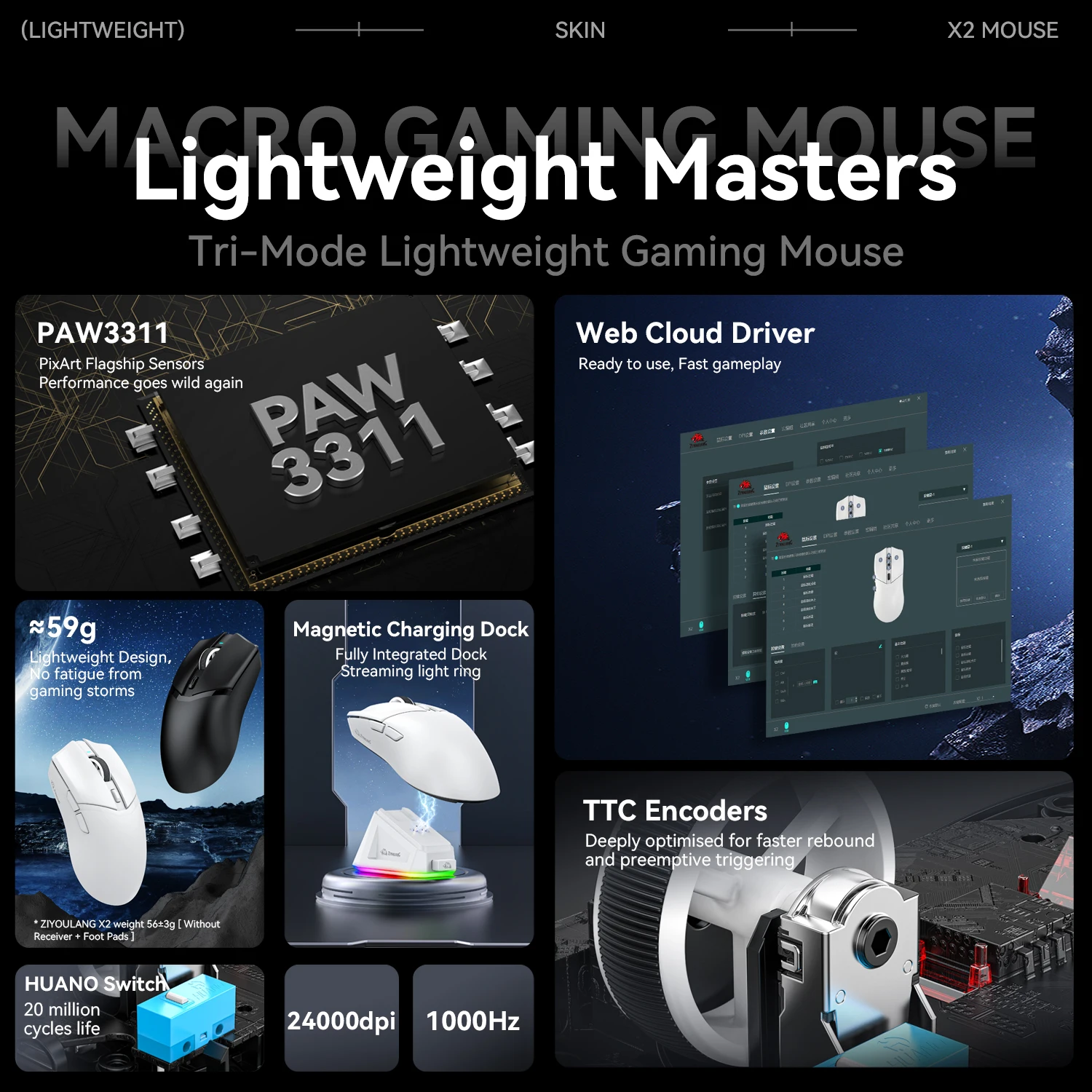 X2 RGB Gaming Mouse Wireless Magnetic Charger,Ziyoulang Bluetooth Tri-Mode Connection,PAW3311 Macro Mouse,24000DPI,1K Return