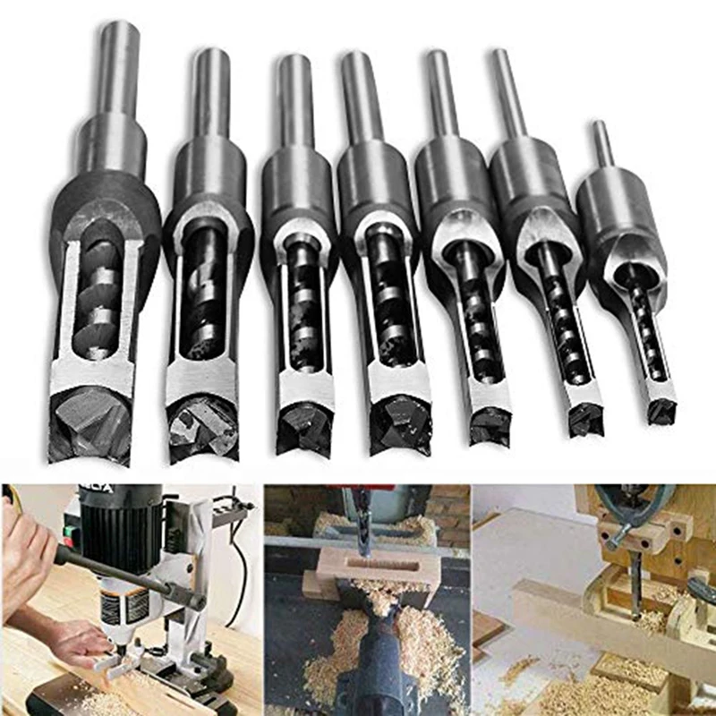 7Pcs Square Hole Drill Bit, Mortising Chisel Set 1/2-Inch, 1/4-Inch, 3/4Inch, 3/8-Inch, 5/8-Inch, 5/16-Inch, 9/16-Inch