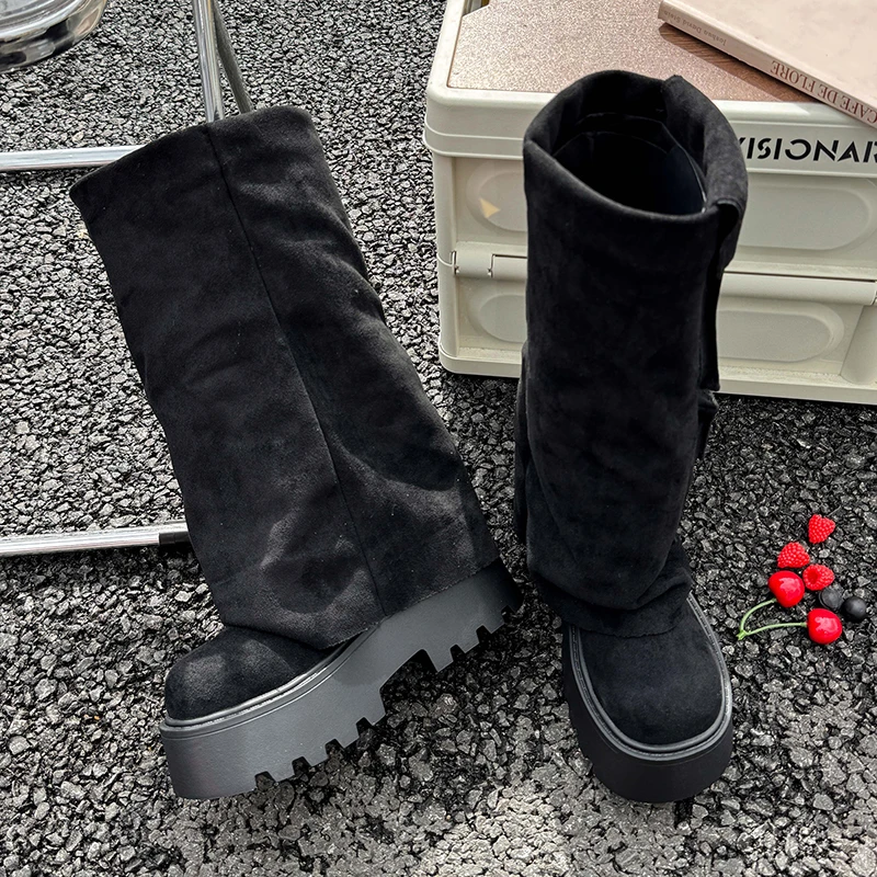 شتاء جديد 2025 خريف موضة الأحذية منصة متعددة الاستخدامات زيادة خمر بنطلون كعب أحذية النساء