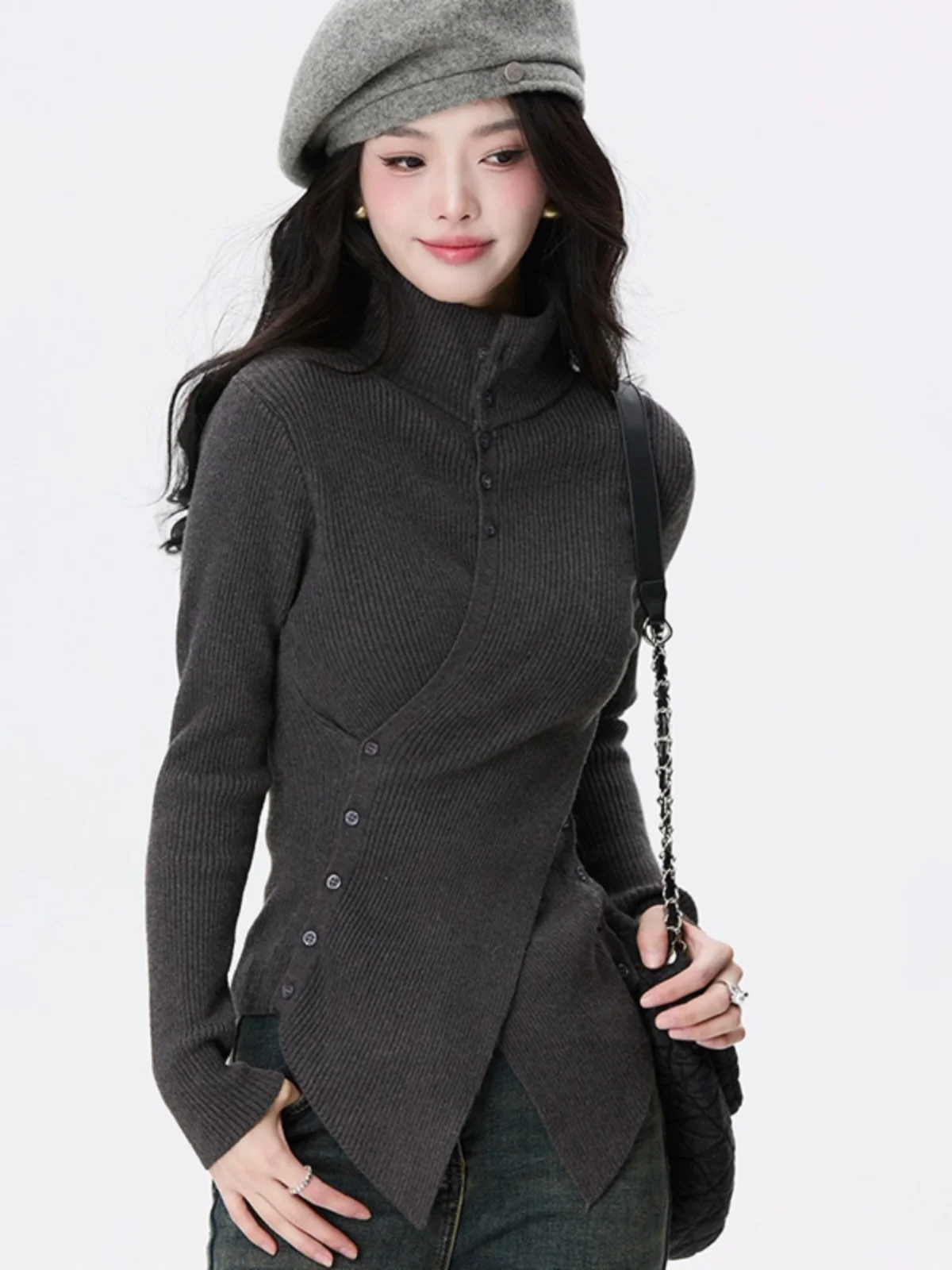 

Women Grey Gothic T-shirt Harajuku Y2k Tee Top 90s Vintage Long Sleeve Turtleneck T-shirts Emo 2000s Clothes Autumn