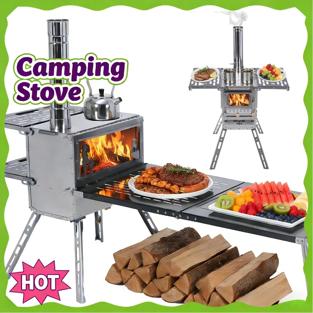 

IGT System Compatible Camping Tent Stove with Oven Table Stainless Steel Wood-Burning Stove with Chimney for Fishing Camping Tri