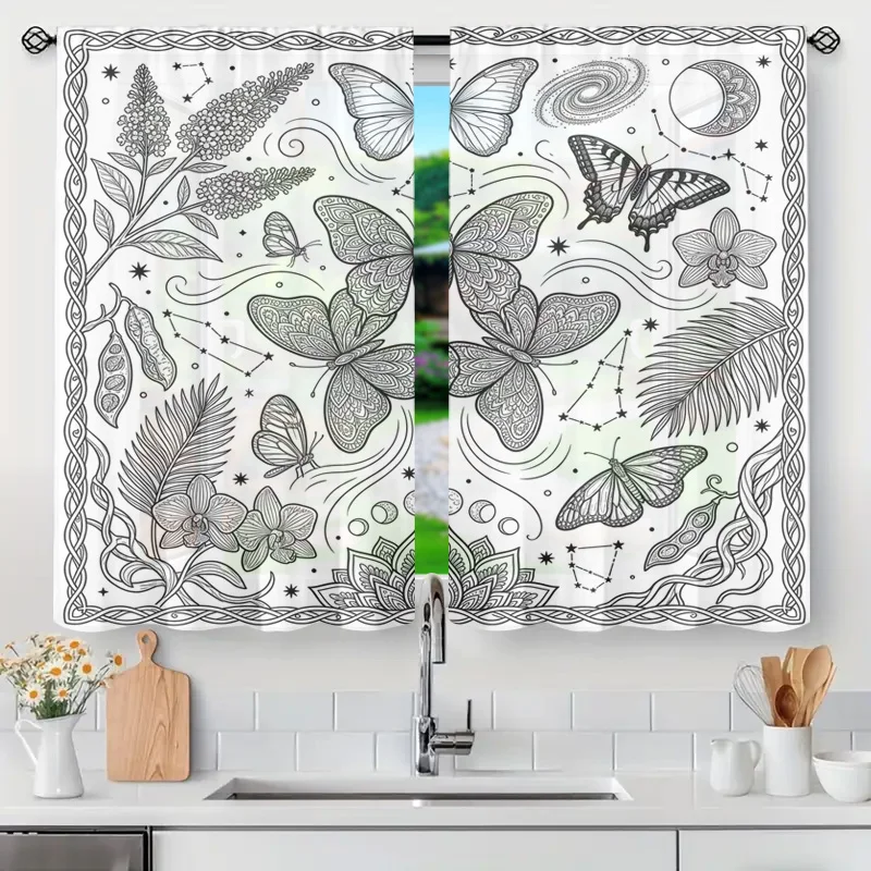 Elegant Boho Butterfly Zodiac Pattern Decorative Curtains Semi Sheer Window Panel Home Decor Accent Filter Screen for Kitchen Ba