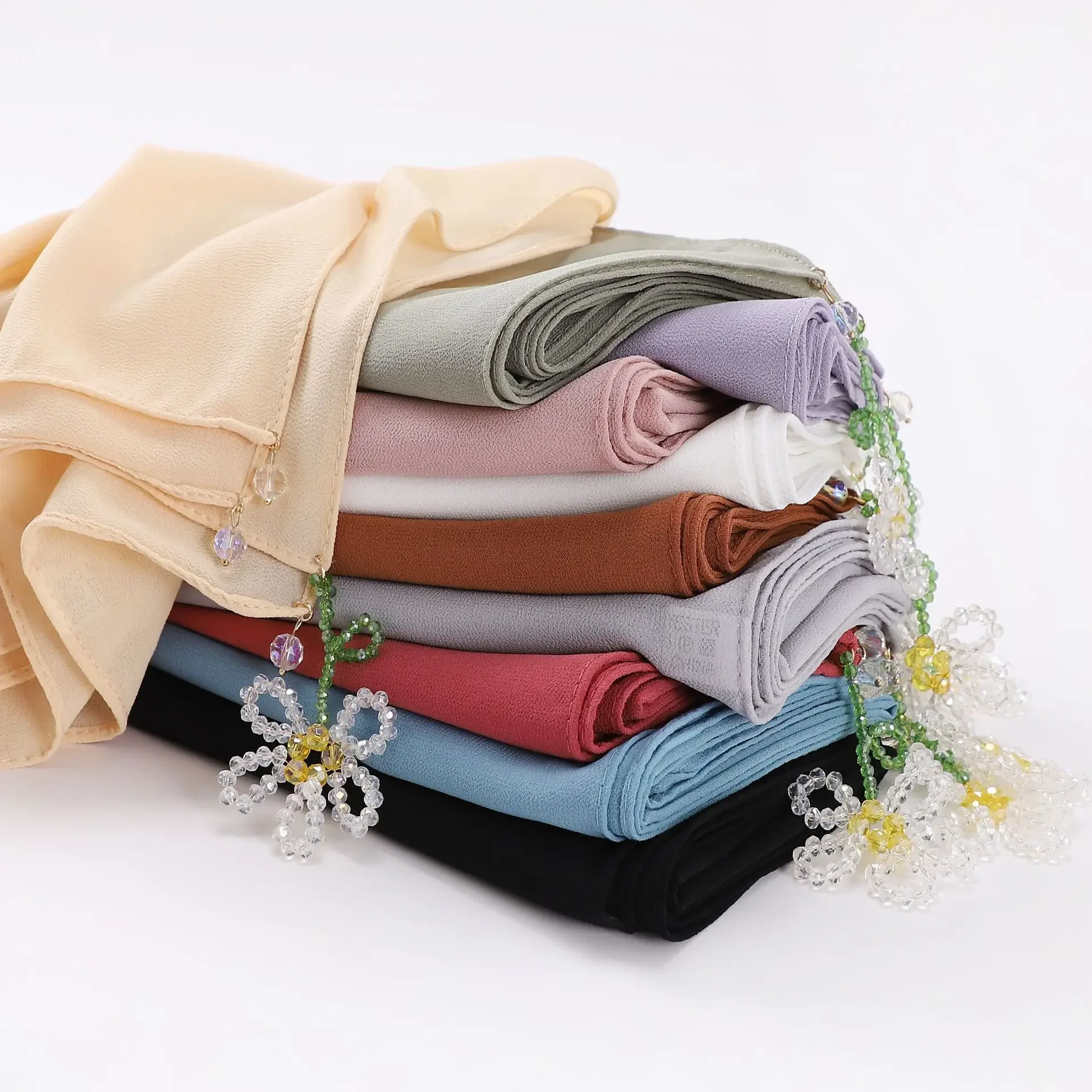 

Crystal Flower Beads Chiffon Square Scarf 90*90cm Headscarf Bandanas Headband Kerchief Muslim Hijab Turban Wrap Turbante Mujer
