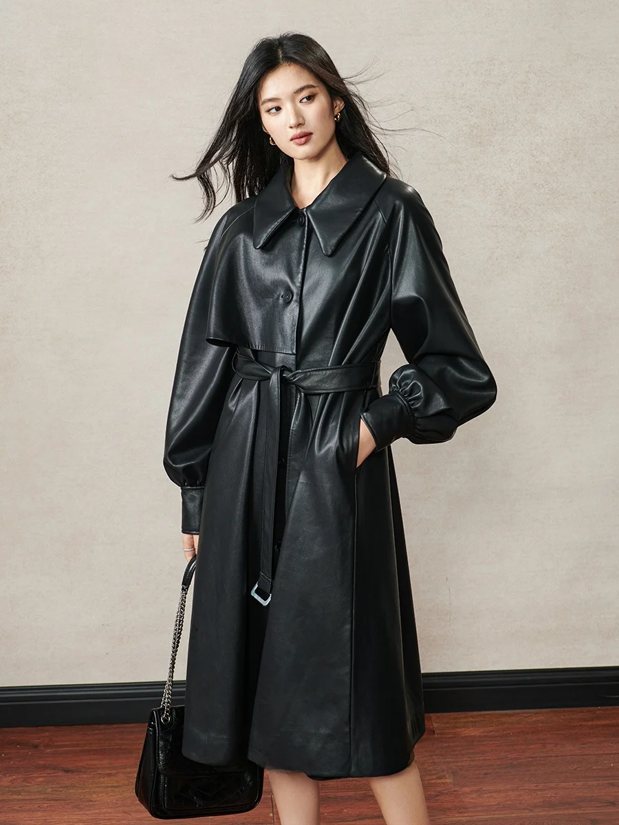 Casaco Longo de Couro Kiki Bla para Mulheres, Moda de Primavera, Comprimento Médio, Fibra de Poliéster