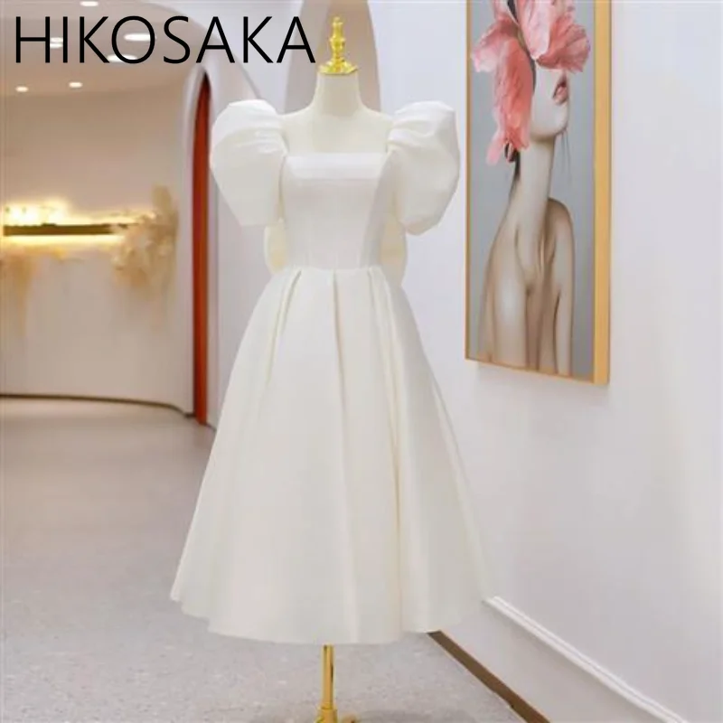 Elegant Back Bow Prom Evening White Midi Guest Dresses Women Summer Sexy Short Puff Sleeve Party Vestido Madrinha De Casamento