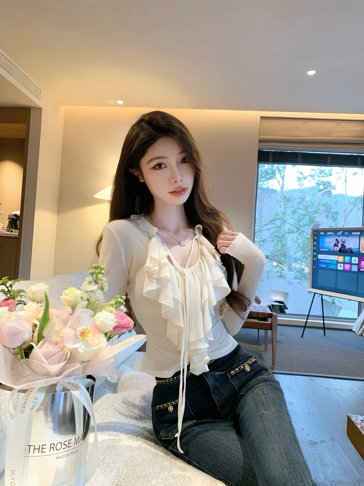 

Sexy Waist-Cinching Chiffon irt for Women Spring Faion 2026 JustQin Floral Lace Design Slimming Long Sve Casual Wear